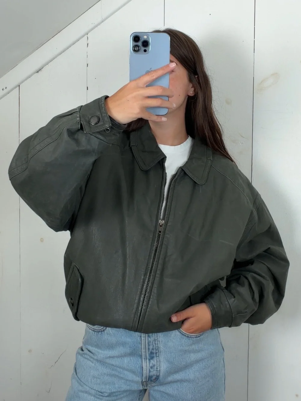 Vintage London Fog Green Leather Bomber Jacket Men’s Medium 90s Y2K Full Zip